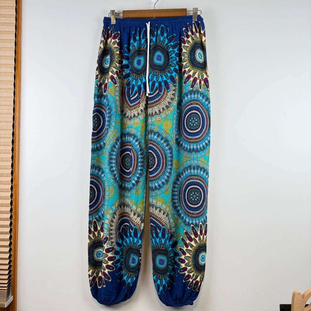 Womens Harem Joggers Size M Blue Mandala Peacock Boho Yoga Hippie Psychedelic